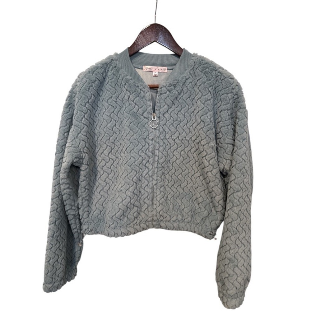 Crave Fame Light Blue Fuzzy‎ Textured Bomber Jacket Cropped Sz M Soft Cozy